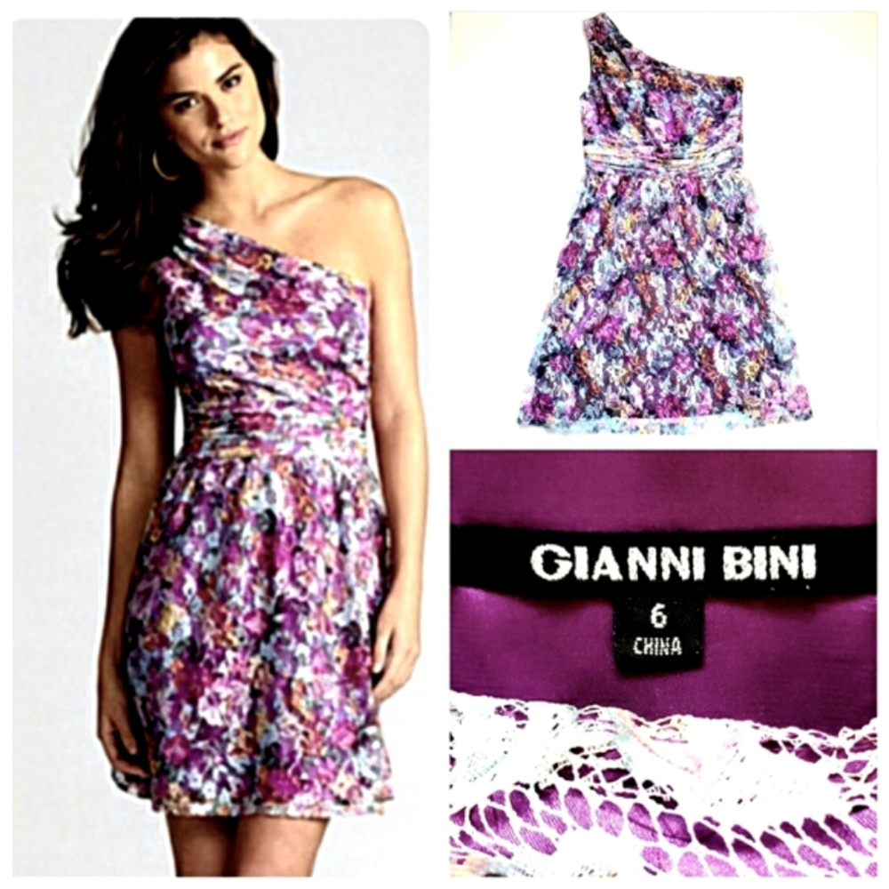 Nwot Gianni Bini Lainey Venus 1- Shoulder Dahlia Purple Floral Lace Dress